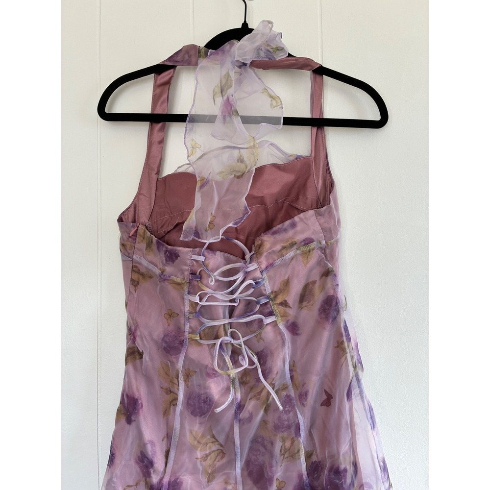TCCX Floral Mesh Midi Dress Lace Up Back Fairycore Whimsigoth Sheer Overlay L - Picture 7 of 11